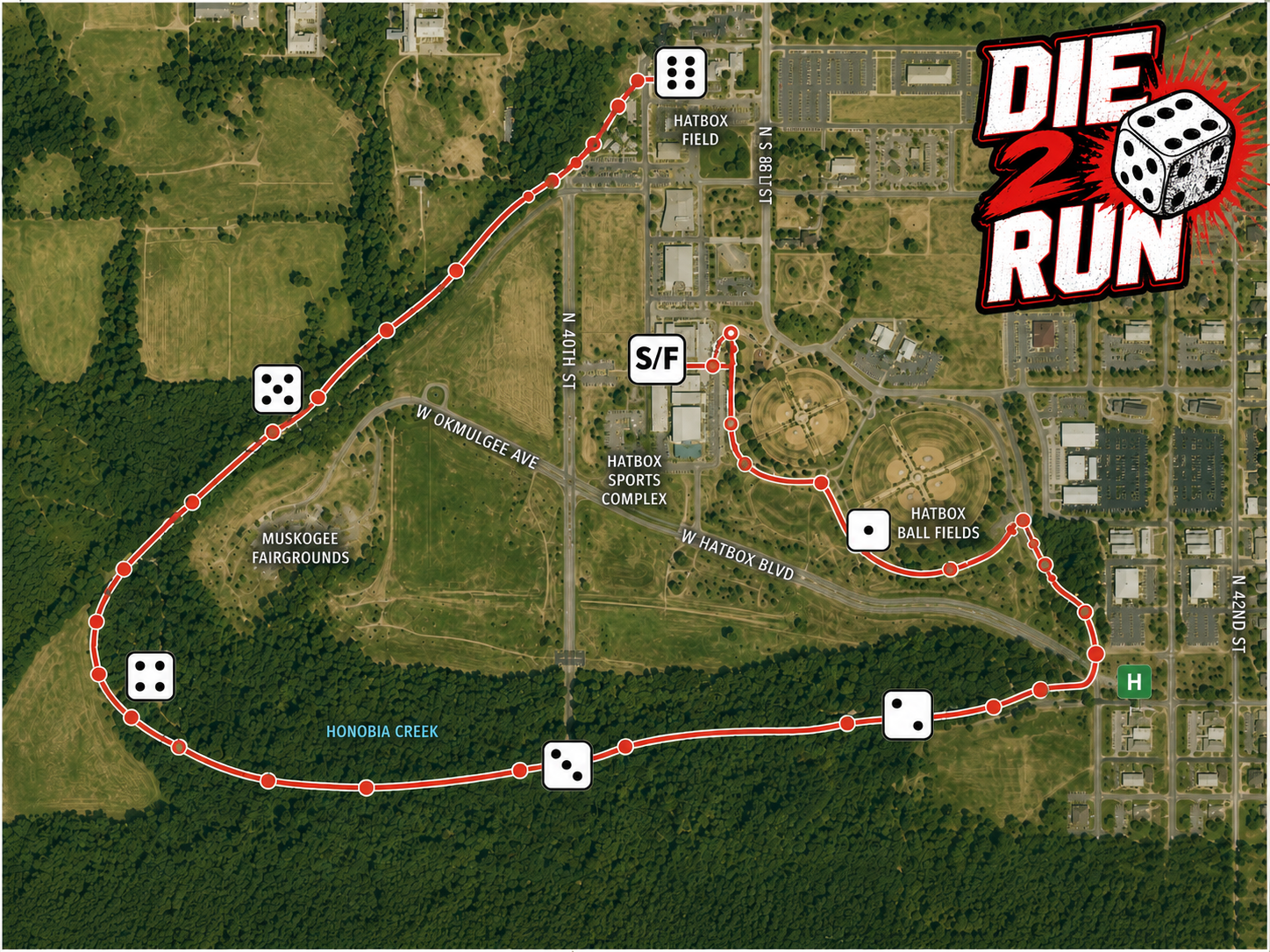 Die to Run course map showing the start finish and six turnaround points