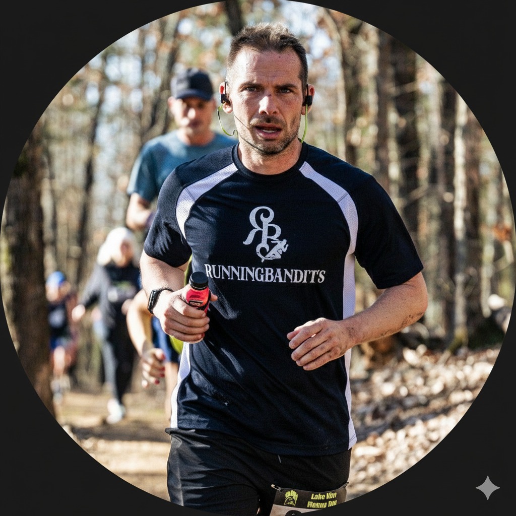 Race director running on a wooded trail